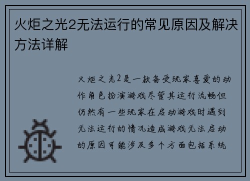 火炬之光2无法运行的常见原因及解决方法详解